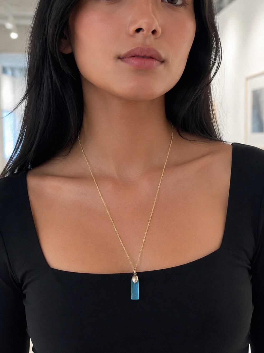 Blue Stone Bar Pendant Necklace Gold Tone Chain Minimalist Boho Jewelry